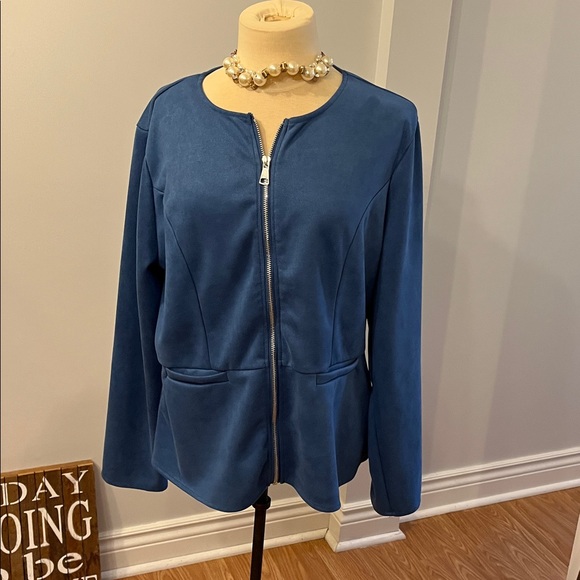 😍 SHOW SPECIAL -CLARON QI SANG Blue Suede-look Front Zipper Jacket Plus Size  XL - Picture 2 of 11